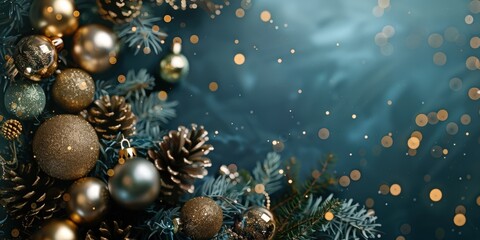 Golden Christmas Ornaments and Pine Cones on Blue Background