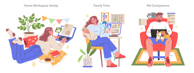 Working from Home illustration Serene and dynamic home office setups blending work tasks with family moments and pet companionship Vector illustration