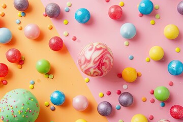 Hard candy planets on colored background