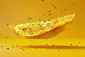 Omelette levitating on colored background