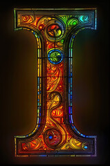 Stained-glass uppercase I, intricate design, gothic inspiration, vibrant colors, sunlight-illuminated.