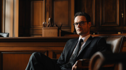 portrait of a male lawyer sitting in courtroom
