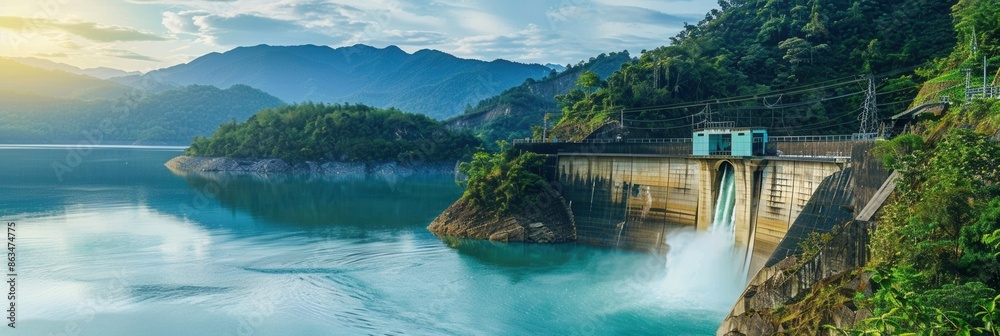 Poster a hydroelectric dam generates power in a serene mountain landscape, with water flowing through the d