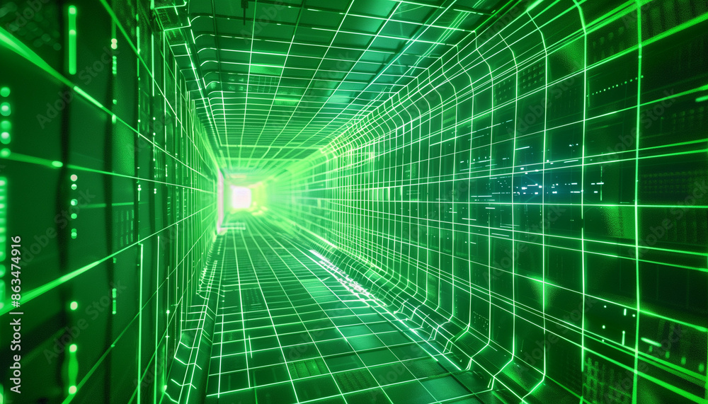 Canvas Prints futuristic green digital tunnel illuminated by vibrant neon grid lines, symbolizing advanced technol