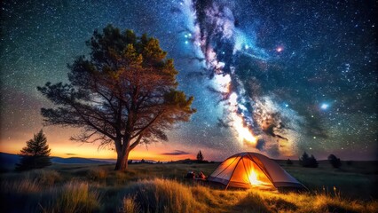 Starry Night Campsite with tent, bonfire, trees, and grassland, camping, night, stars, serene, illuminated, tent, bonfire