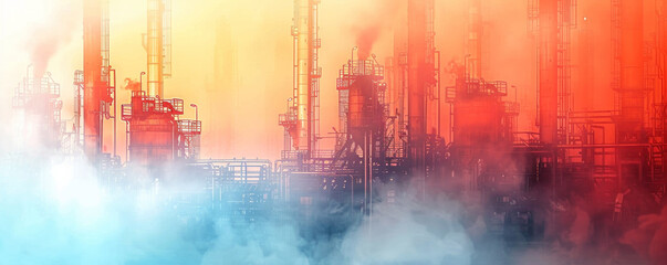 A city skyline with a lot of smoke in the air. The sky is blue and the buildings are orange