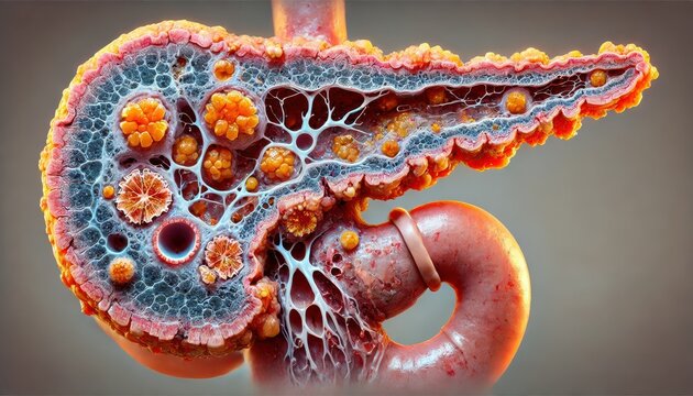 Highly Detailed Illustration of a Human Pancreas Highlighting the Duct System and Cellular Structure in a Medical Visualization