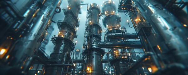 A large industrial plant with many pipes and a lot of lights. Scene is industrial and somewhat...