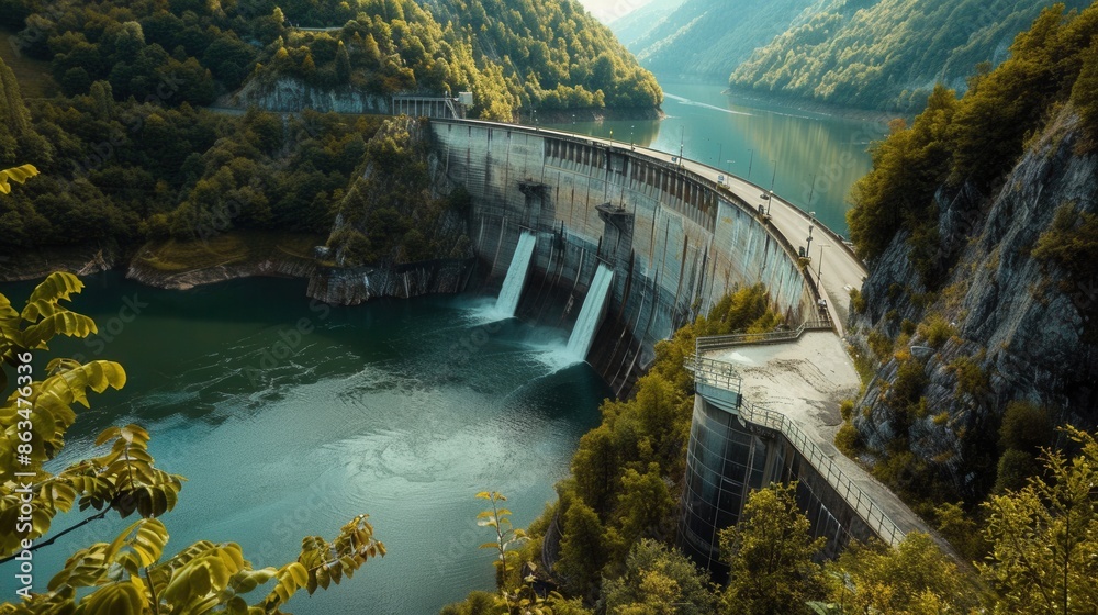 Poster a hydroelectric dam nestled in a mountainous landscape generates power through the flow of water, sh