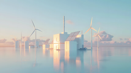 A white futuristic building with solar panels and wind turbines sits on a reflective surface, bathed in a warm sunset glow.