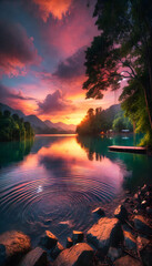 Fototapeta premium Here's the serene natural landscape at sunset you requested. The scene features a calm lake reflecting the colorful sky, lush green trees, distant mountains, and a small wooden pier extending into the