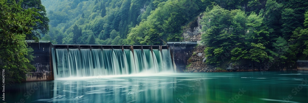 Poster A hydroelectric dam generates clean energy in a tranquil forested setting. The water flows over the dam, creating a calming waterfall. Generative AI