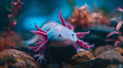 Close-Up of a Curious Axolotl Underwater