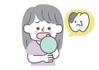 虫歯になってしまったことを鏡で確認する女性のイラスト