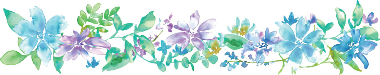 水彩画。水彩タッチの夏の青い花のベクターイラスト。ウエディングフレーム背景。エレガントな植物飾り。Watercolor painting. Vector illustration of summer blue flowers with watercolor touch. Wedding frame background. Elegant plant decoration.