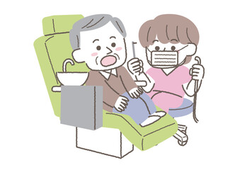歯医者で治療を受ける高齢男性（歯科医付き）