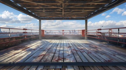 Naklejka premium Boxing ring on a rooftop overlooking a city skyline