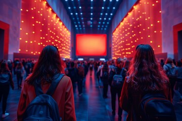 Naklejka premium the anticipation of the audience as they watch a movie presentation on the big screen in the conference seminar hall, engrossed in the immersive experience.