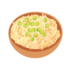 Egg fried rice with peas on plate vector illustration, fry fried rice food icon isolated on white background, rice dish clip art image