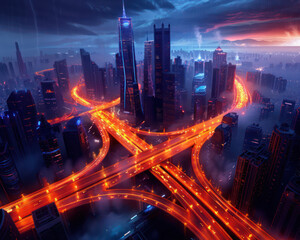 Fototapeta premium Smart Cities with AI Traffic Management, Efficient Urban Mobility Innovations, Technology, Future, Development, Sustainability, Connectivity, Urbanization, and Intelligent Solutions