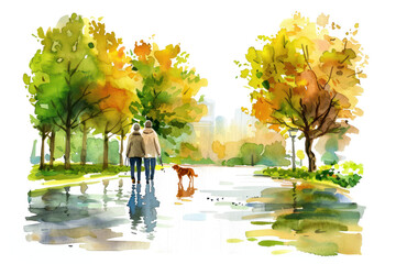 Watercolor illustration of people walking a dog in a park during autumn, surrounded by vibrant trees and reflecting water.