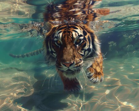 Capture a high-angle view of a majestic tiger wading through crystal-clear water, its reflection shimmering beneath