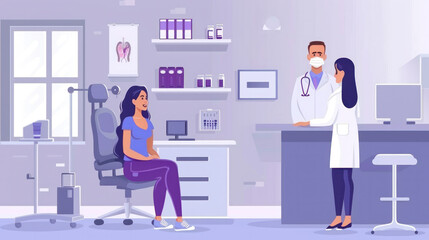 A woman is sitting in a chair in a doctor's office. A doctor is standing behind her and a nurse is standing in front of her. The doctor is wearing a mask