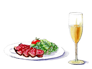 食事　飲み物　サラダ　手描き水彩画