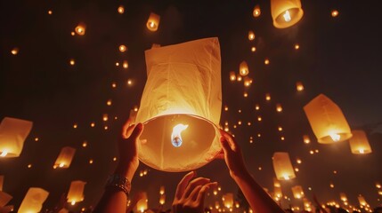 Family hands release hot air paper lanterns to sky at night in Loy krathong and Yi Peng Festival 