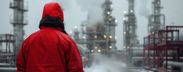 Obraz premium A man in a red jacket stands in front of a large industrial plant. The plant is emitting smoke and the man is wearing a red coat and a black scarf. Concept of industrial activity