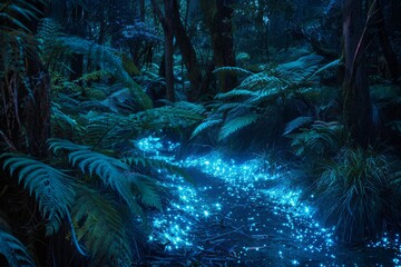 Mystical Forest Path with Glowing Bioluminescent Fungi