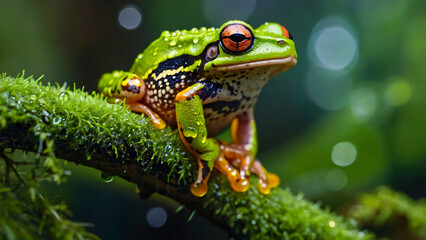 Fototapeta premium green and yellow frogs that have striking red eyes. The frog sat on a tree branch covered with moss. There are water droplets on the frog's skin and tree branches