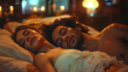 Interracial couple peacefully sleeping together in bed.