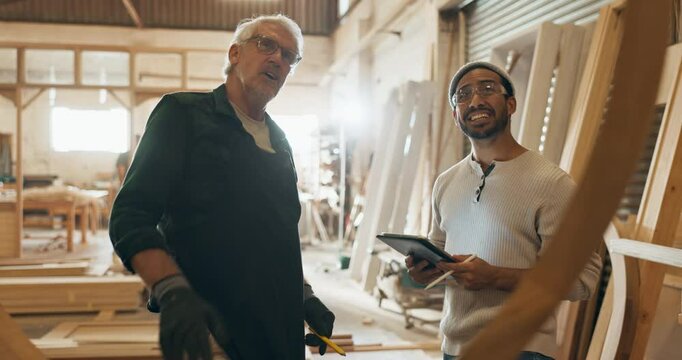 Man, carpenter and workshop with team high five, good job and artisan project with craftsmanship tablet. Timber, manufacturing framework and happy people talking, professional support with manager