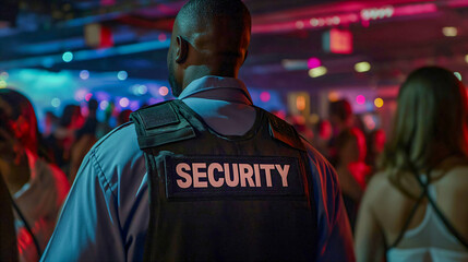 A security guard stands watch in a crowded nightclub with colorful lights and a festive atmosphere, suitable for promotions or advertisements for events and nightlife venues.