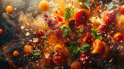 Fototapeta premium Vibrant Explosion of Fresh Vegetables in Mid-Air, Capturing the Essence of Flavor and Freshness.