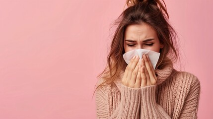A woman sneezing into a tissue against a pink background, wearing a cozy sweater. Suitable for healthcare, cold and flu season promotions, and winter health awareness campaigns.