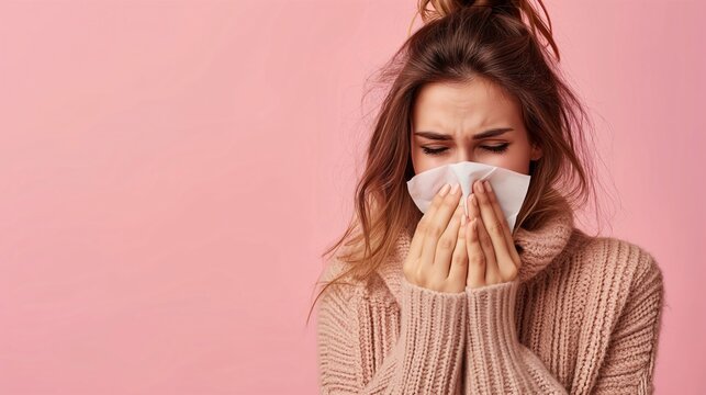 A woman sneezing into a tissue against a pink background, wearing a cozy sweater. Suitable for healthcare, cold and flu season promotions, and winter health awareness campaigns. - Powered by Adobe