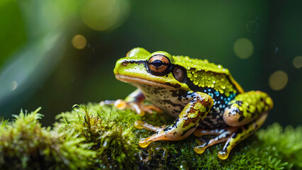 The frog is green with black spots and yellow accents on its legs. This frog sits on a moss surface with protruding, glittering eyes. Water droplets are visible on the frog's skin.