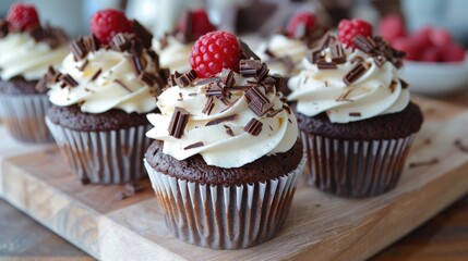 Homemade chocolate cupcakes topped with whipped cream and chocolate and raspberry decorations