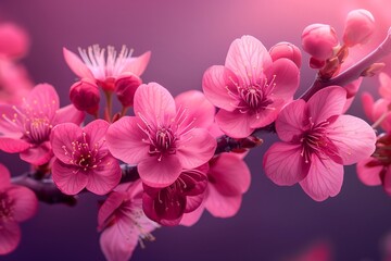 Fototapeta premium Beautiful pink cherry blossom on bright purple background