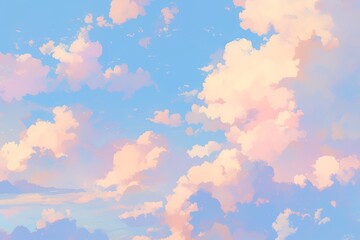 Pink and orange dreamy cotton candy clouds on blue sky