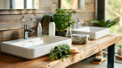 Rustic Wooden Bathroom Counter with Grooming Essentials and Greenery