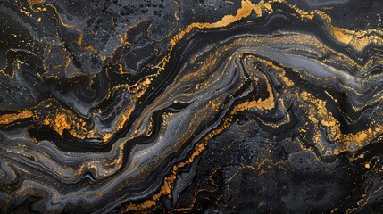 Naklejka premium black and gold-themed wallpaper, accentuated by intricate white ink-like liquid fluid patterns that mimic the luxurious texture of marble stone, perfect for creating a sophisticated ambiance.