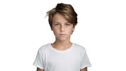 Portrait of a handsome boy wearing white t-shirt, concept of style and fashion studio shot, isolated on transparent background