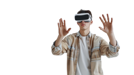 Man in vr glasses, virtual reality playing video games with virtual reality headset on transparent background 
