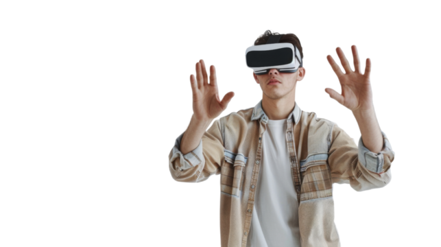 Man in vr glasses, virtual reality playing video games with virtual reality headset on transparent background 