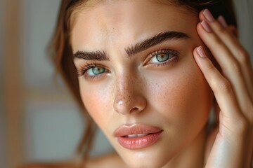 Fototapeta premium Close-Up Portrait of a Young Woman With Freckles and Blue Eyes