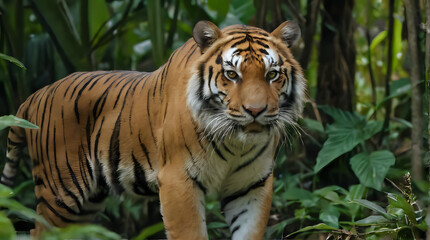 Obraz premium a tiger walking through the jungle with tall green plants