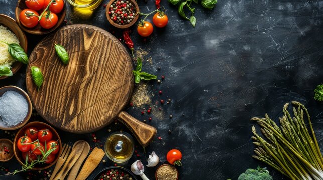 Italian food cooking ingredients on dark background with rustic wooden chopping board in center, top view, copy space 